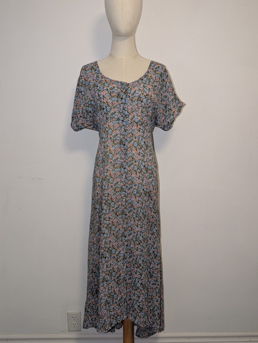 Vintage Blue Floral Maxi Dress with Pink Accents